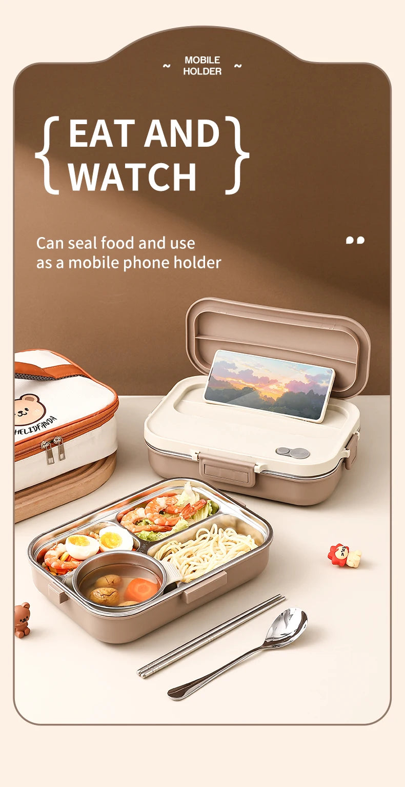 Edelstahl Lunchbox 4-Fächer mit Besteck – Auslaufsicher für Kinder & Schule