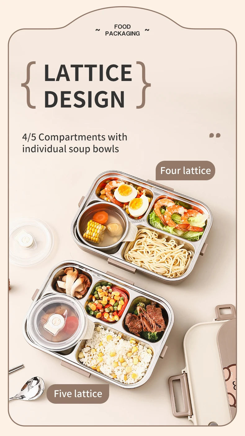 Edelstahl Lunchbox 4-Fächer mit Besteck – Auslaufsicher für Kinder & Schule