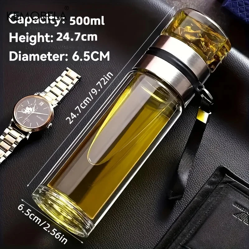 Teeflasche Glas 450ml - Doppelwandig Isoliert mit Tee-Sieb für Unterwegs