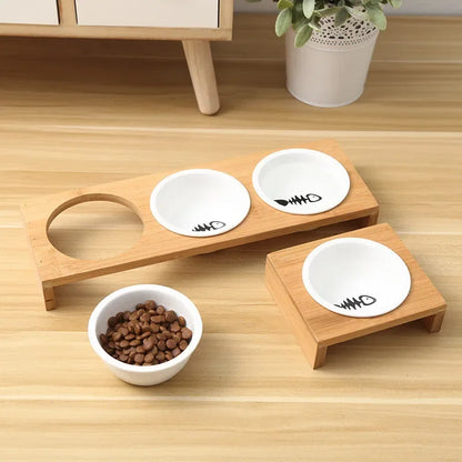 Ceramic pet bowl with wooden stand – Elevated food and water bowl for dogs and cats (1/2/3 bowls)