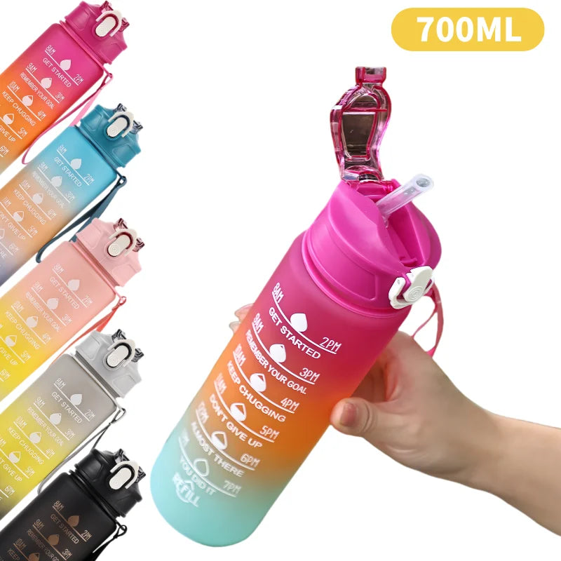 Gradient Sport-Trinkflasche 1L mit Strohhalm & Zeitmarkierung – Farbverlauf Design