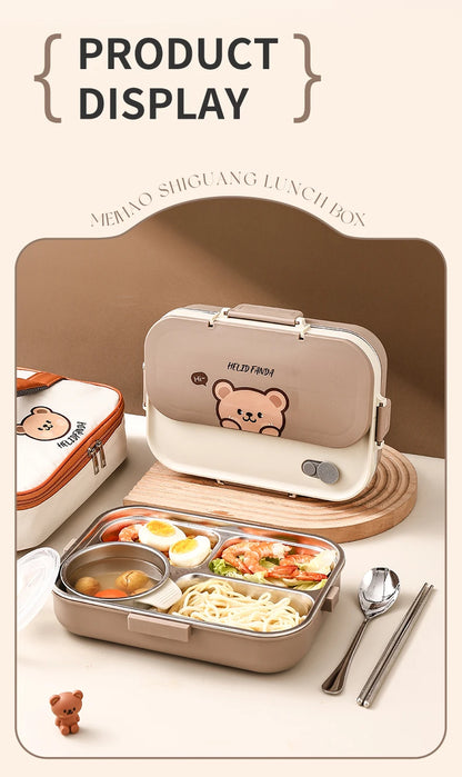 Edelstahl Lunchbox 4-Fächer mit Besteck – Auslaufsicher für Kinder & Schule