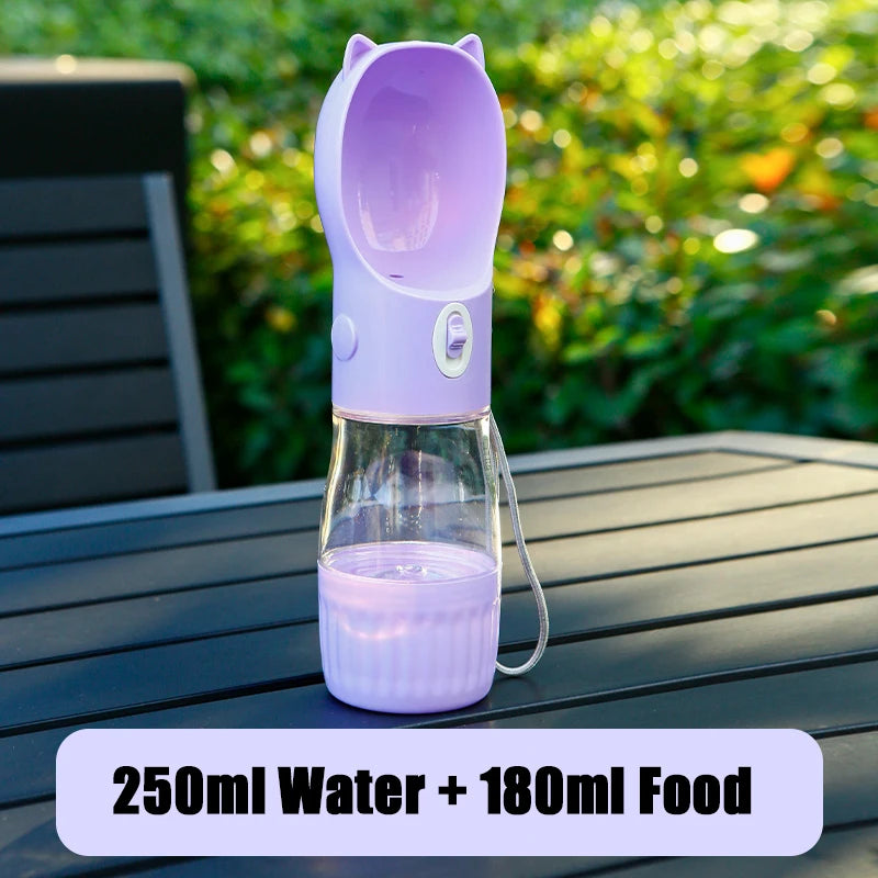 Portable Hunde Trinkflasche mit Futterbehälter | 250 ml Wasser + 180 ml Futter | Outdoor Flasche für Hunde & Katzen