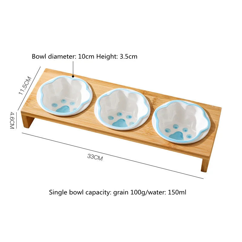 Keramik Futterstation für Katzen & Hunde – 3 Näpfe mit Bambusständer | Pets & Home