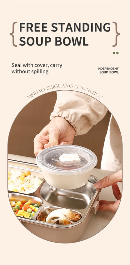 Edelstahl Lunchbox 4-Fächer mit Besteck – Auslaufsicher für Kinder & Schule