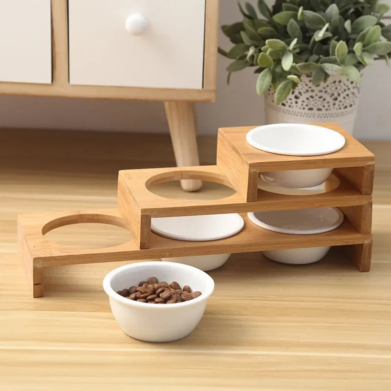 Ceramic pet bowl with wooden stand – Elevated food and water bowl for dogs and cats (1/2/3 bowls)