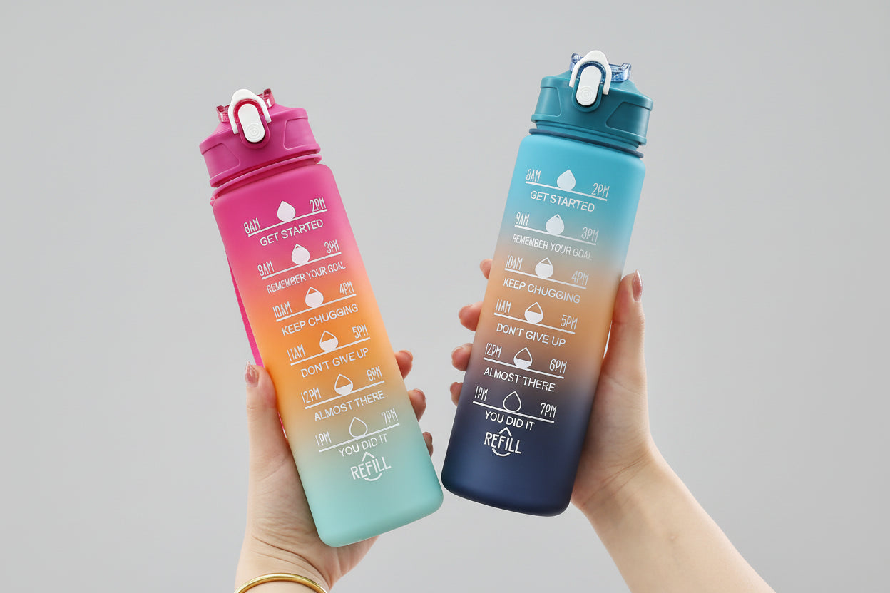 Sport-Trinkflasche 1L mit Zeitmarkierung & Strohhalm – Motivierend & Auslaufsicher