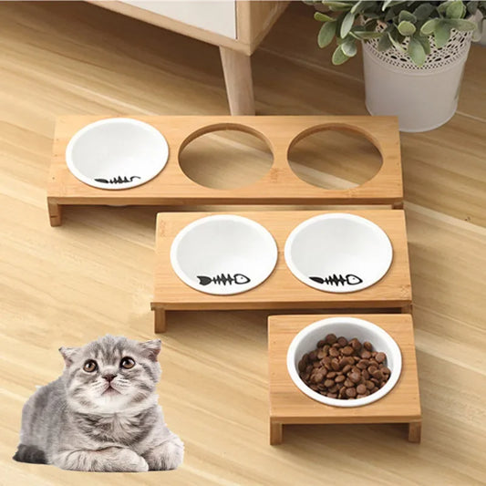 Ceramic pet bowl with wooden stand – Elevated food and water bowl for dogs and cats (1/2/3 bowls)