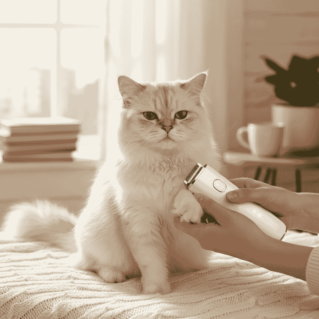 Pfotentrimmer für Hunde & Katzen mit LED-Licht im Einsatz an einer Katze. Leiser, kabelloser Haustiertrimmer für präzise Fellpflege zu Hause.