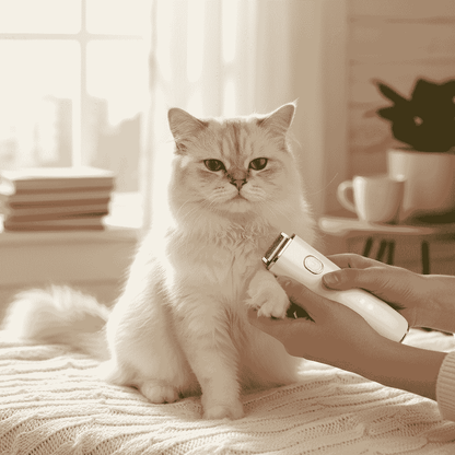 Pfotentrimmer für Hunde & Katzen mit LED-Licht im Einsatz an einer Katze. Leiser, kabelloser Haustiertrimmer für präzise Fellpflege zu Hause.