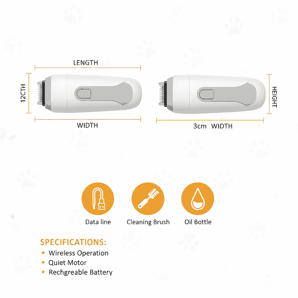 Pfotentrimmer für Hunde & Katzen mit LED-Licht, leise und wasserdicht, kabellos mit Zubehör wie Reinigungsbürste und Ölflasche.
